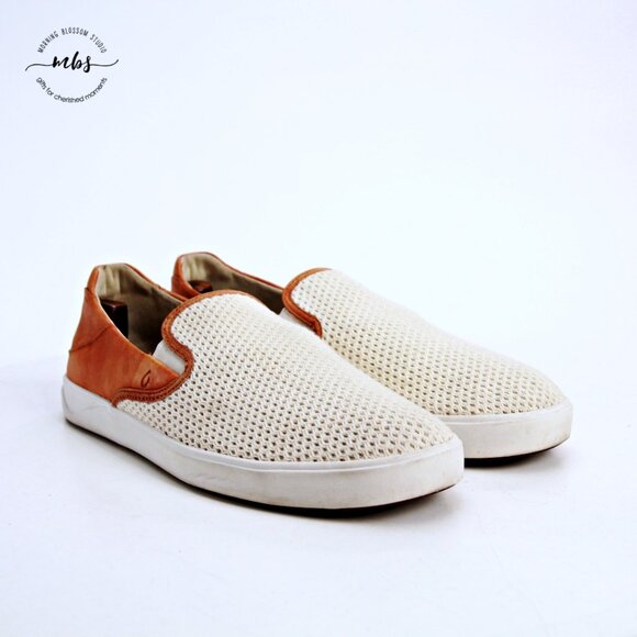 OluKai Lae‘ahi Kapa Leather Textile Slip Ons Brown Beige Men US 12 EU 45 - Picture 1 of 13